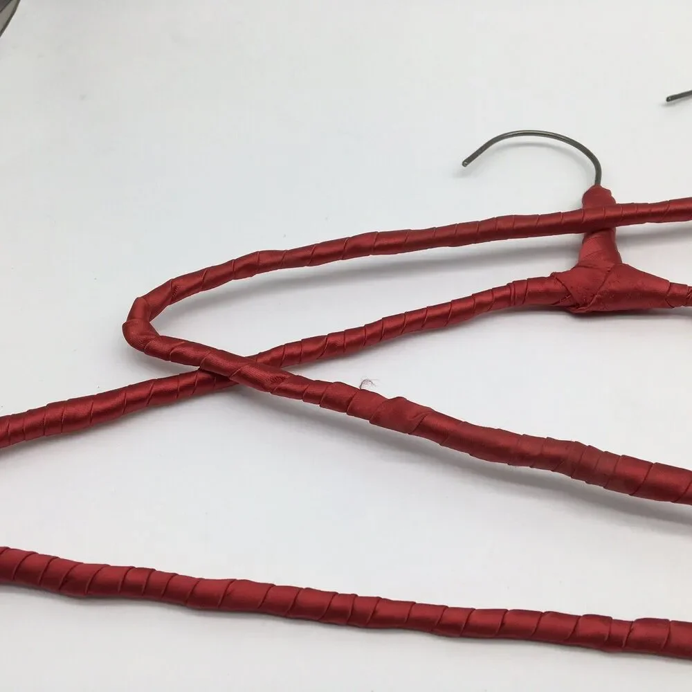 4 Vtg Colorful Yarn Ribbon Covered Granny Clothes Hangers Red Satin Pink Green